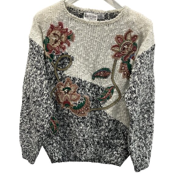 Exclusive Imports Sweaters - Vintage 80s Granny Sweater size M White Pink Floral Cottagecore Grandma Retro 3D